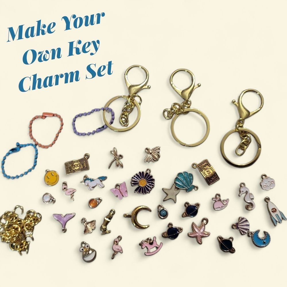 Customizable Key Charm Set with Gold Keychains-Makes 3 Gold Tone KEY CHARMS
